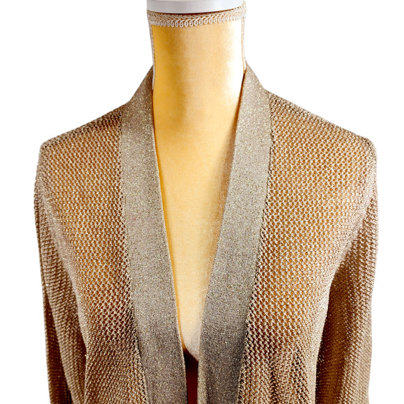 Chicos 1 M Womens Metallic Mesh Cardigan Sweater Gold Open Front Pockets Holiday - Picture 7 of 10